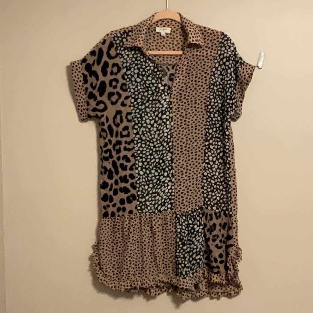 Semi Sheer Women's Animal Print Leopard Patchwork Shirt Dress Mocha Black‎ Small